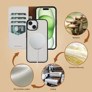 Biodegradable Mycelium Mushroom Compostable Vegan Dlip Leather Wallet Phone Case For IPhone 15