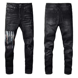 Jeans de Mezclilla Orgánica Rectos para Hombre, Estilo Formal, Cintura Media, con Pliegues y Efecto Desgastado, Color Negro, para Primavera - Product Image 2