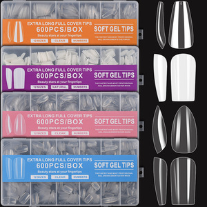 600 faux ongles courts à couverture complète, transparents, blancs, carrés, en amande, en ABS, en gel souple, pour nail art - Product Image 1