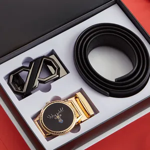 YD92 Chất Lượng Cao Chính Hãng 2 Cái Set Bò Giấu Dây Thắt Lưng Hộp Quà Tặng Tự Động Belt Business Man Đen Genuine Leather Thắt Lưng