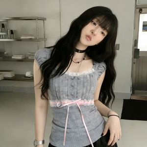 Cute Girl Lace Tie-Up Short Sleeve T-Shirt Women Summer Eco-Friendly Breathable V-Neck Lace Trim Button Front Casual Office Base - Product Image 6