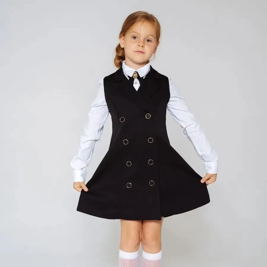 Okul kız elbise kolsuz düğme konfor elbise ile 4-14yeas çocuklar için gevşek hem okul üniforması Jumper