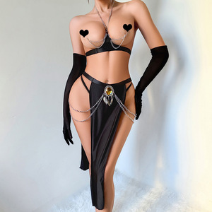 Nuovo Costume Sexy con Catena Gioiello, Reggiseno Open Cup, Gonna Lunga Spaccata, Perizoma Coordinato e Guanti da <span class=keywords><strong>Opera</strong></span> per Lingerie Esotica e Giochi di Ruolo - Product Image 2