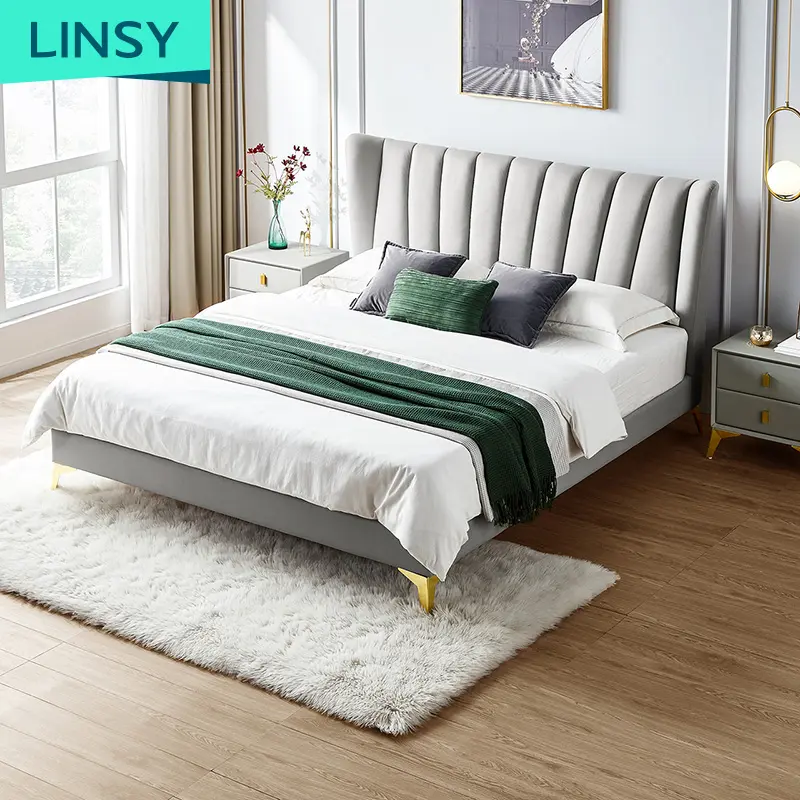 Linsy High Headboard Tufted Velvet King Size Bed Frame Modern Crushed Multi-Function Storage Bed R330