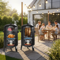 Barbecue rond au charbon de bois 3-en-1 haut de gamme avec fumoir et supports, multifonctionnel pour patio et jardin extérieur