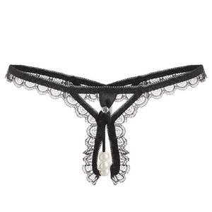 Women's <b>Large</b> Pearl Sexy Underwear Embroidery Lingerie Open Crotch Thong Low-Rise Bow G-string Pearl Kecks for Adults - Product Image 4