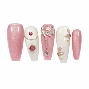 Uñas Postizas con Brillo Rosa y Blanco, Gel UV, Diseño Floral con Cuentas de Cristal, para Salón o Uso Personal - Product Image 3