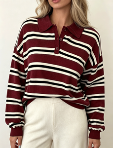 <strong>Ladies</strong> Lapel Button Striped Knit Pullover Women <strong>Polo</strong> <strong>Neck</strong> Long Sleeve <strong>Jumper</strong> - Product Image 1