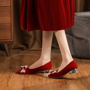 <b>Red</b> Velvet Heeled Sandals Pointed Toe Thick Heel <b>Bow</b> Decoration Elegant Wedding Party Shoes Comfortable Women's Shoes - Product Image 2