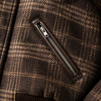 Veste en laine mélangée à 50% pour homme avec logo personnalisé, veste bomber à carreaux vintage brun foncé, fermeture éclair intégrale, ourlet élastique