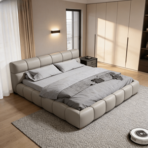 Cama Tapizada de Diseño Italiano Moderno, Tamaño Queen, con Almacenamiento, Tapicería de Cuero Genuino Acolchado, Estructura de Madera Resistente - Product Image 1