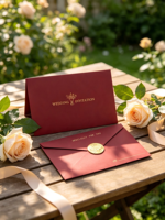 Ensemble d'invitations de mariage en papier coton de luxe avec cartes personnalisées, enveloppes bordeaux assorties et autocollants de scellage
