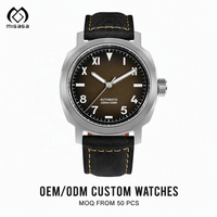 Montre de pilote personnalisée OEM pour hommes, 38 mm, mécanique, cadran vintage marron, bracelet en cuir, montres-bracelets