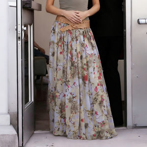 Falda larga de estilo resort con estampado floral, de malla, de talle bajo, estilo vintage, con drapeado y contraste de colores, para chica moderna. - Product Image 5