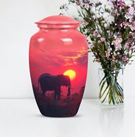 Urne funéraire commémorative en aluminium de 10 pouces, motif éléphant et coucher de soleil sur prairie rouge, pour cendres humaines adultes, scellée, pour la crémation de faunes sauvages