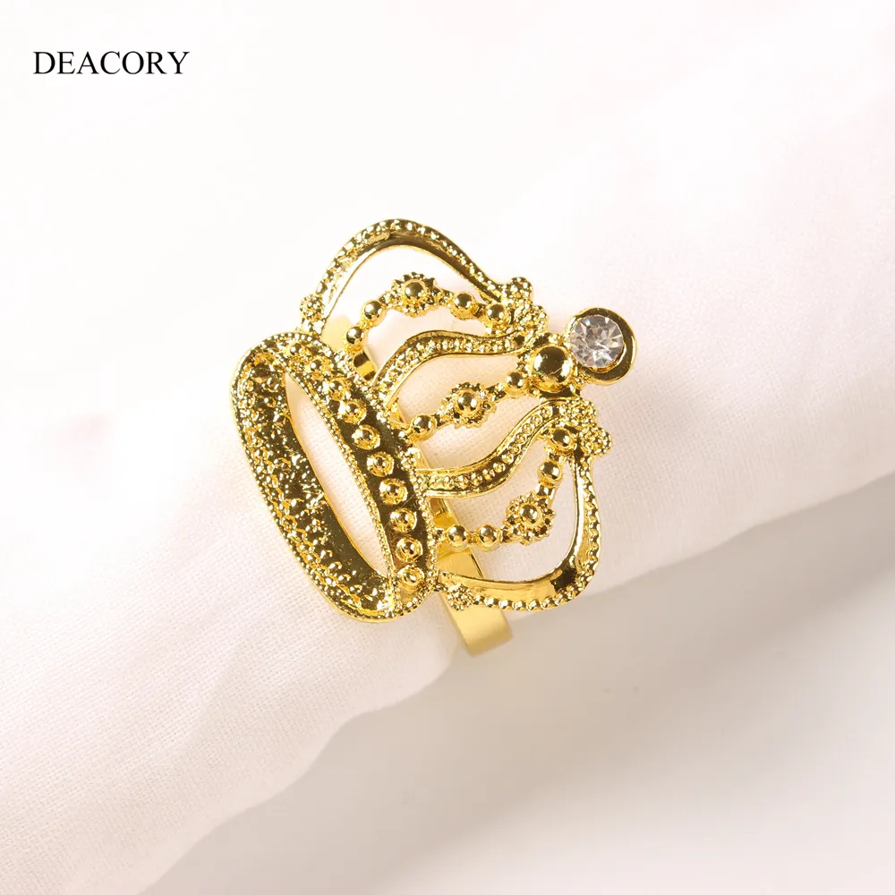 DEACORY Wholesale high quality gold kirsite metal wedding dinner crown shape napkin ring with diamond