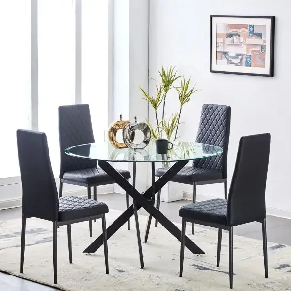 طاولة للقهوة وطاولة طعام من الزجاج ذات سطح مستدير وأرجل سوداء مع زجاج شفاف بسمك 8 مم