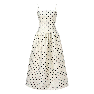 Robe longue à bretelles spaghetti à pois pour femme - Tenue élégante de soirée de mariage, de fête pour filles, col carré, jupe évasée - Product Image 1