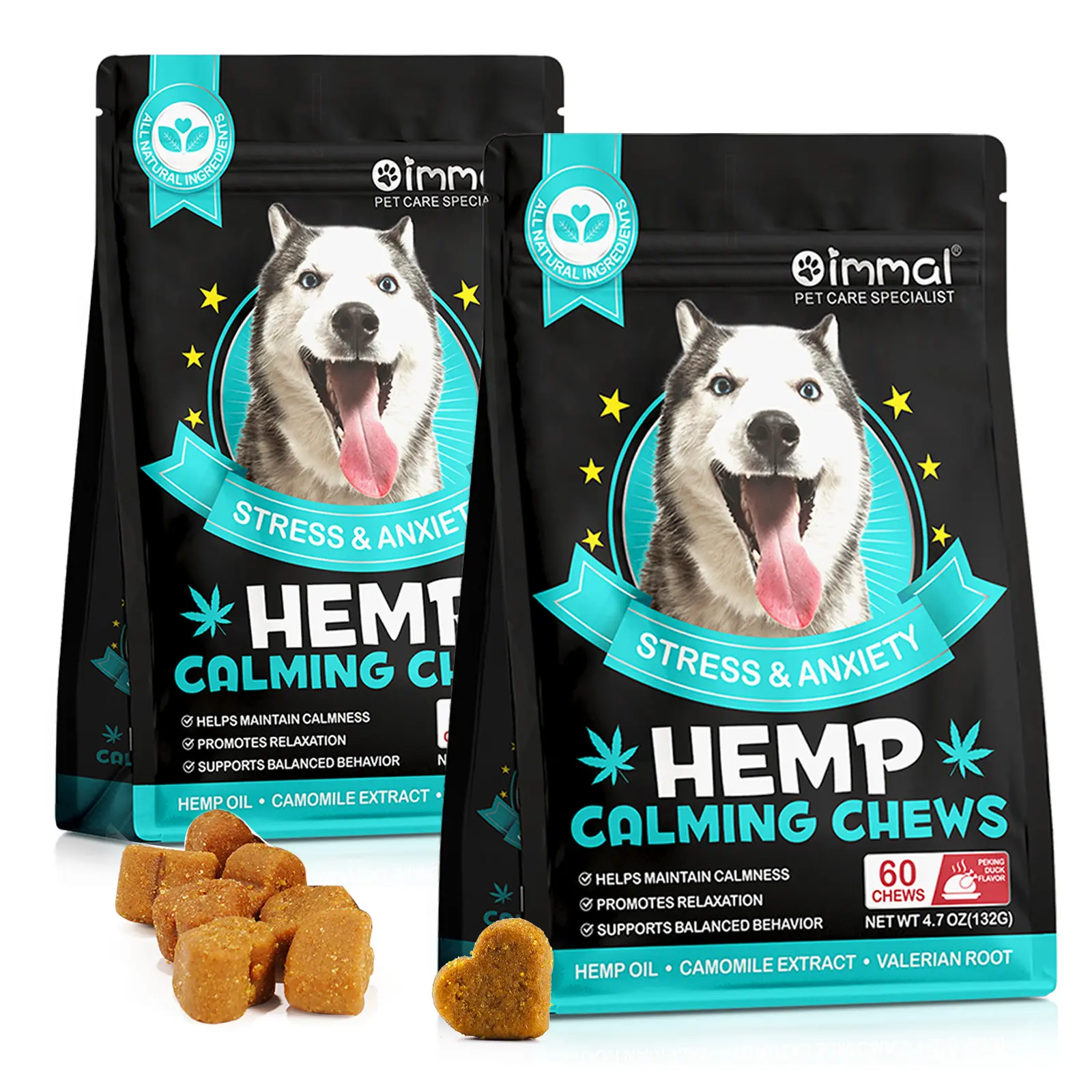 Oimmal Golden Pet Fornecedor Organic Dog Food 60 Soft Chews Pato de Pequim Sabor Hemp Calmante Mastiga Para Cães Com Ansiedade E Estresse