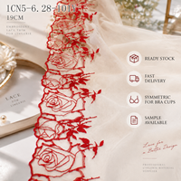 Dentelle brodée romantique de 19 cm avec fleurs rouges, broderie florale en tulle nude doux pour la production de lingerie