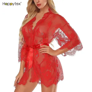 Rendas Kimono Robe Roupa Interior de Malha das mulheres Camisola de Renda Transparente Vestido de Noite Lingerie Sexy Mulheres Senhora OEM ODM