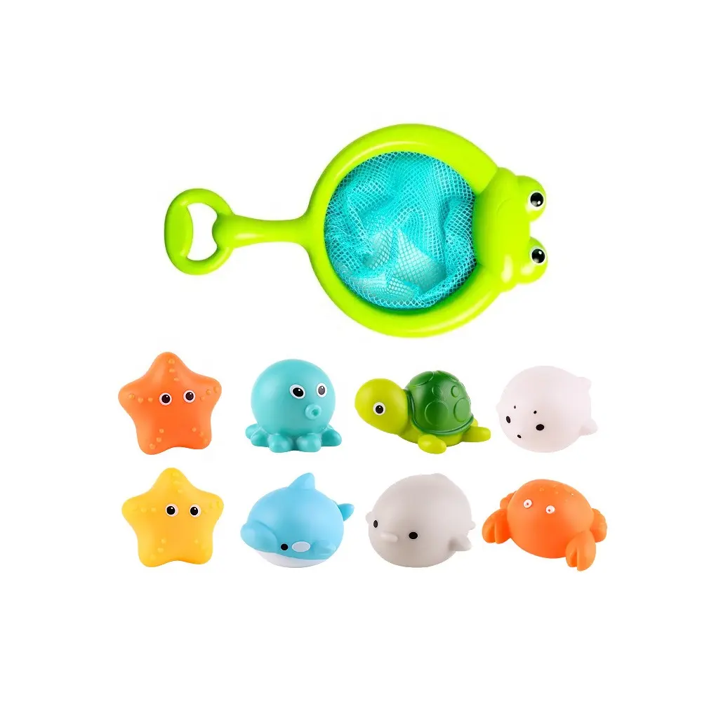 Jouet de bain pour bébé ensemble de pêche filet pour attraper le poisson dans la baignoire et mignon ensemble de jouets flottant en caoutchouc rougeoyant pour animaux marins nouveau jouet de bain