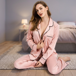Nuevo Diseño de Pijama para Mujer, Satén de Seda, 100% Poliéster, Ropa de Dormir, Mono, Ropa de Estar en Casa, Cuello en V, Largo Completo, Transpirable, de Secado Rápido - Product Image 2