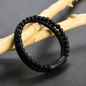 Natural Volcanic Lava Stone Leather Rope Double <b>Row</b> Charm Bracelet Rose Gold Plated Stainless Steel Magnetic Beads Trendy <b>Gift</b> - Product Image 4