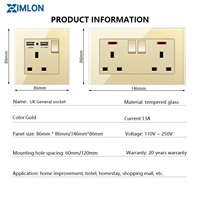 Interruptor de Pared Universal Eléctrico XIMLON, Estándar del Reino Unido, 13A, con 2 Puertos USB y 1 Puerto USB-C, Clasificación IP21, Interruptor de Vidrio Templado 86