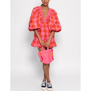 ENYA Women Custom Short Dress Big <strong>Red</strong> Pink <strong>Gingham</strong> Pattern Off Shoulder Mini Dress Bishop Sleeves Quality Polyester Cotton Dress - Product Image 4