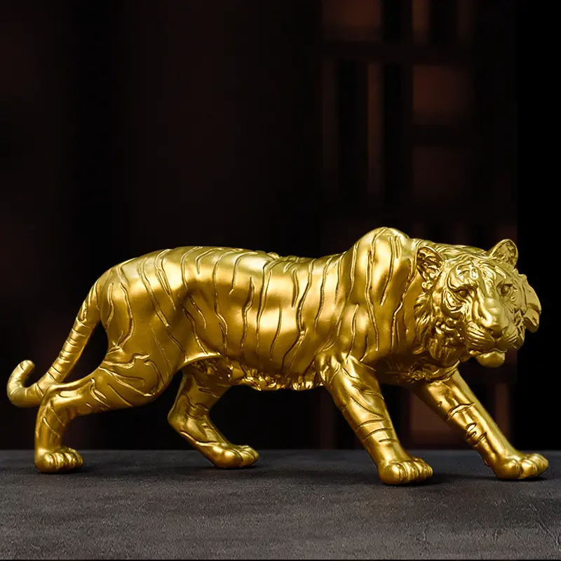 Resina gran estatua de tigre dorado estatuilla escultura hogar escritorio decoraciones ornamento suministros