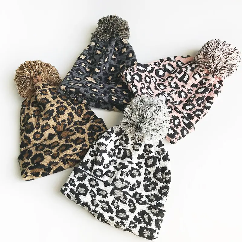 2024 Mode Leopardmuster warmes lässiges Pom Pom Damen Strick Beanie Hut für kalten Winter
