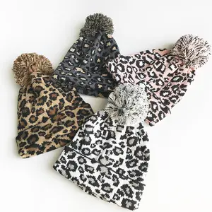 2024 Fashion Leopard Pattern Warm Casual Pom Pom Womens Knit Beanie Hat For Cold Winter