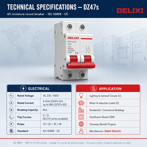 Disjoncteur miniature DELIXI Courbes B <span class=keywords><strong>C</strong></span> <span class=keywords><strong>D</strong></span> 1P 2P 3P 4P MCB 230V Rail DIN Certifié CE Interrupteur de distribution électrique principal - Product Image 6