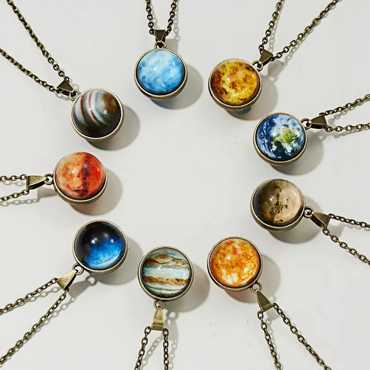 Vintage Style Double Side Glowing In Dark Glass Ball Pendant Women Venus Earth Saturn Galaxy Universe Planet Necklace Jewelry