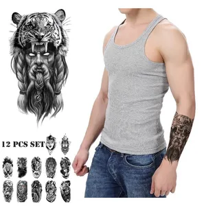 Autoadesivo del tatuaggio temporaneo 12 pezzi Set impermeabile mezzo braccio gamba tatuaggi finti leone lupo tigre trasferimento d'acqua uomo