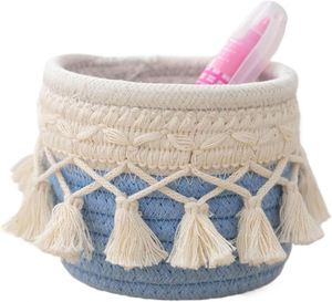 Bohemian Handmade Woven Basket Small Cotton Rope <b>Storage</b> Bin <b>with</b> Macrame Fringe for Cosmetic Tools Desktop Stationery Holder - Product Image 5