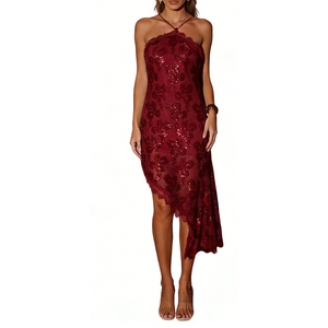 ชุดเดรสลูกไม้ปักเลื่อมลายดอกไม้สำหรับผู้หญิง แบบผูกคอ ความยาวปานกลาง ชายกระโปรงไม่สมมาตร ชุดเดรสสำหรับงานปาร์ตี้ แฟชั่น - Product Image 2