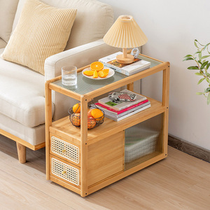 <b>Sofa</b> <b>Side</b> Cabinet With Storage Shelf Glass Top Wooden Living Room <b>Table</b> For Small Space - Product Image 1