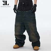 LARSUR Custom Factory Jean Baggy Homme à Double Ceinture, Délavé, Patchwork, Coupe Droite, Style Streetwear
