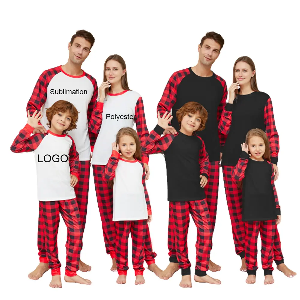 2023 XMAS pjs leere Sublimation Polyester Weihnachts pyjamas Langarm weiß Gingham Quadrat Weihnachts pyjamas Familie