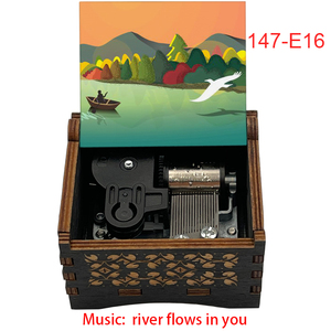 Boîte à musique vintage à manivelle, mini boîte à musique carrée, Rivers Flow in You, en bois, sculptée à la main, pour la décoration de la maison - Product Image 6