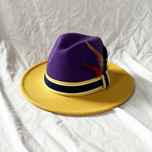 Chapeau en feutre bicolore élégant en laine de jazz rouge et blanc avec chapeau haut de forme en plumes pour hommes et femmes - Product Image 6