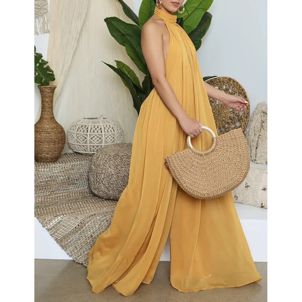 Wholesale New Summer 2021 Sexy Women Backless Fashion Halter Sleeveless Loose Jumpsuit