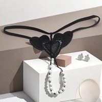 Tanga Sexy con Cuentas y Bordado de Corazón, Panty Transparente con Forma de Corazón, Transpirable y con Tirantes en T