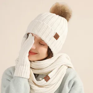 批发定制标志冬季针织保暖套装无限围巾和豆豆帽触摸屏手套冬季男女礼品