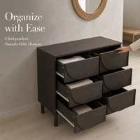 Commode moderne à 6 tiroirs avec panneau en MDF mélaminé à motif festonné, armoire de rangement pour chambre à coucher avec pieds en bois