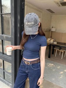 T-shirt rétro pour femmes, streetwear Harajuku, été, décontracté, couleur unie, crop top, manches courtes, col rond, t-shirt moulant - Product Image 6