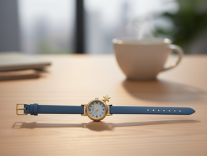 Montre de mode pour femmes, boîtier rond plaqué or, bracelet en cuir, couleur bleue, style décontracté - Product Image 2