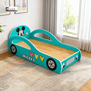 Muebles de jardín de infantes Dormitorio moderno Colorido Coche divertido en forma de niños Cama individual de madera con barandilla para niños - Product Image 1